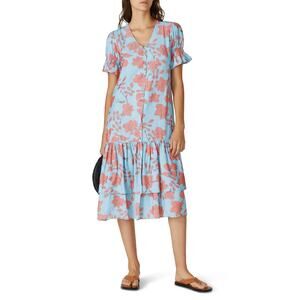 Lobo Rosa Women's Blue Botones Dress Floral Print V-Neck Ruffle Hem Size S